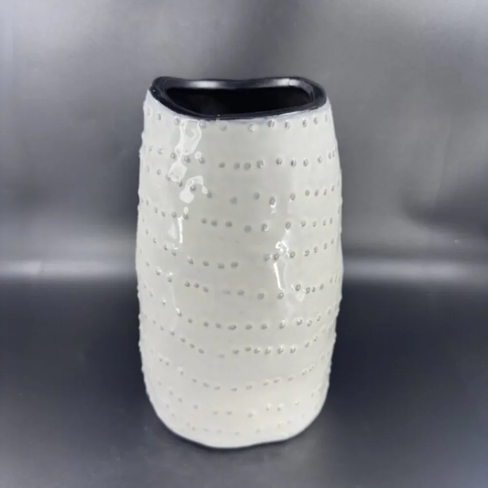Nate Berkus Ceramic White Hobnail Textured Pottery Vase Vessel With Black Inside